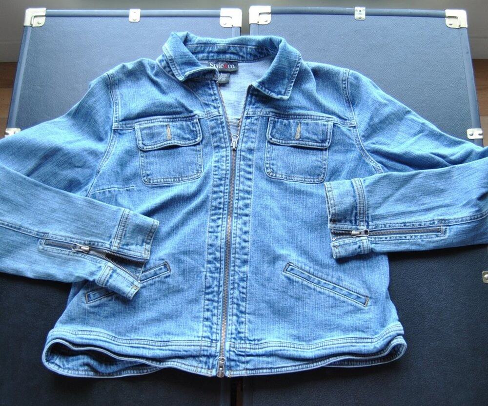 Style & Co. Blue Denim Jean Jacket with Zippers & Button Pockets Large